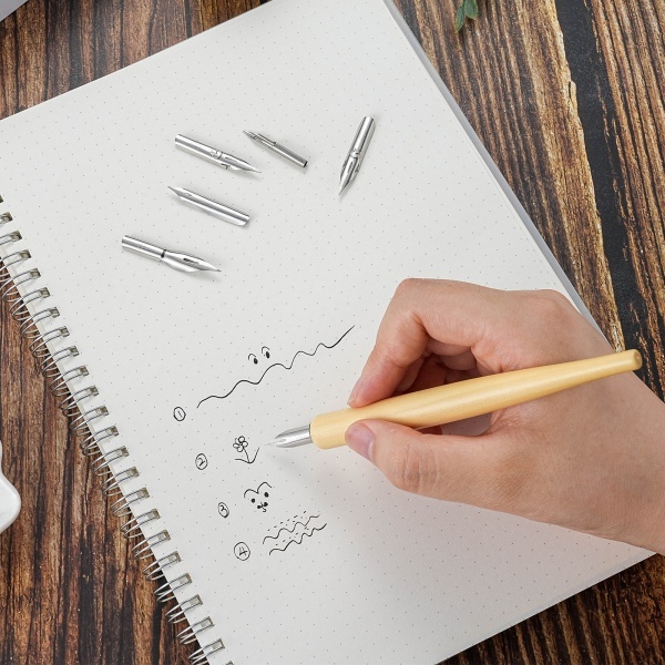 Wood Dip Pen With 5 Nibs- Nature/Black