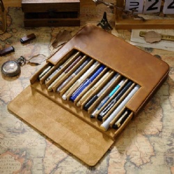 Crazy Horse Leather Pen Case Storage with 12 Slots